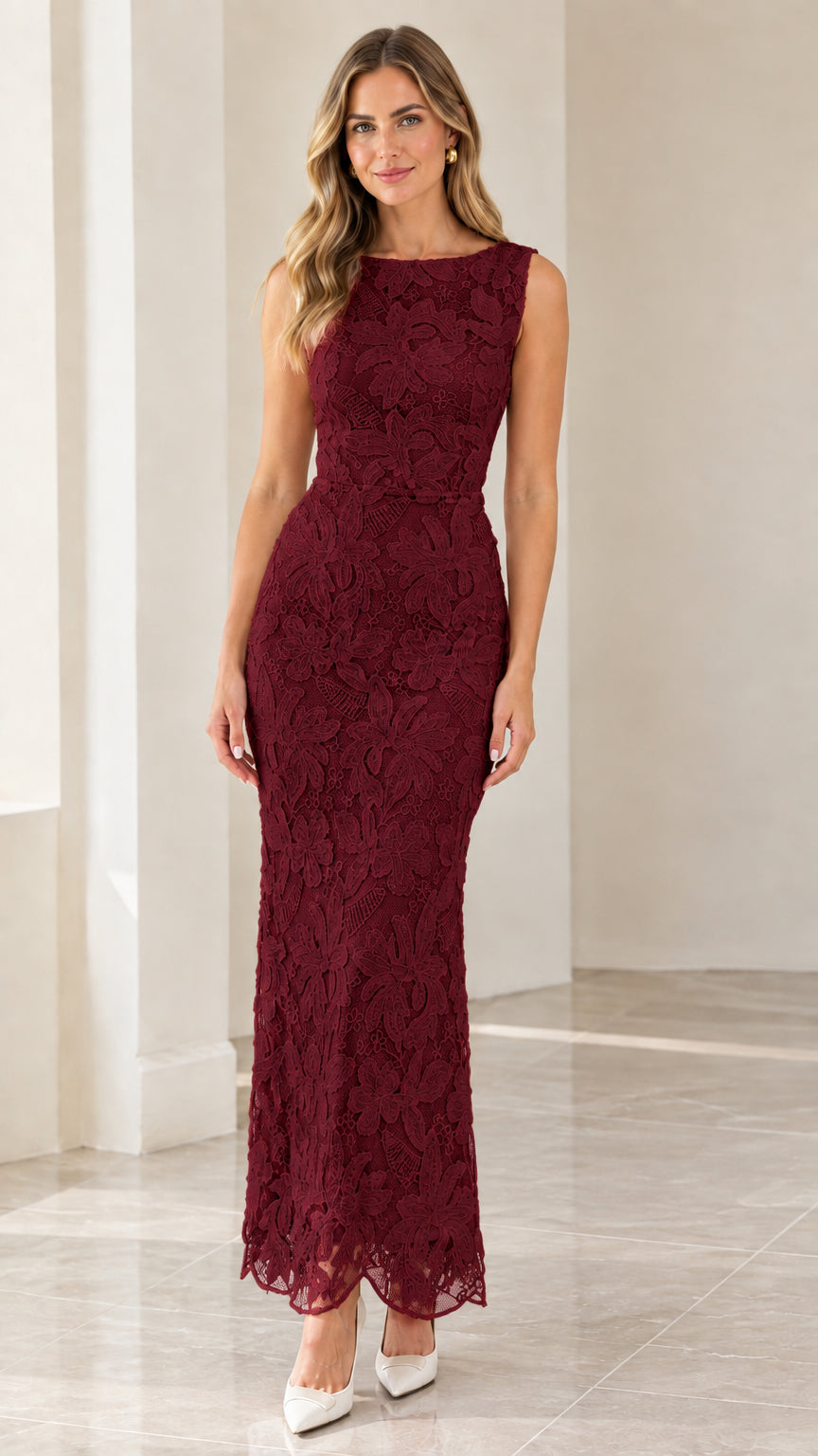 Front view of woman wearing burgundy sleeveless floral lace maxi dress