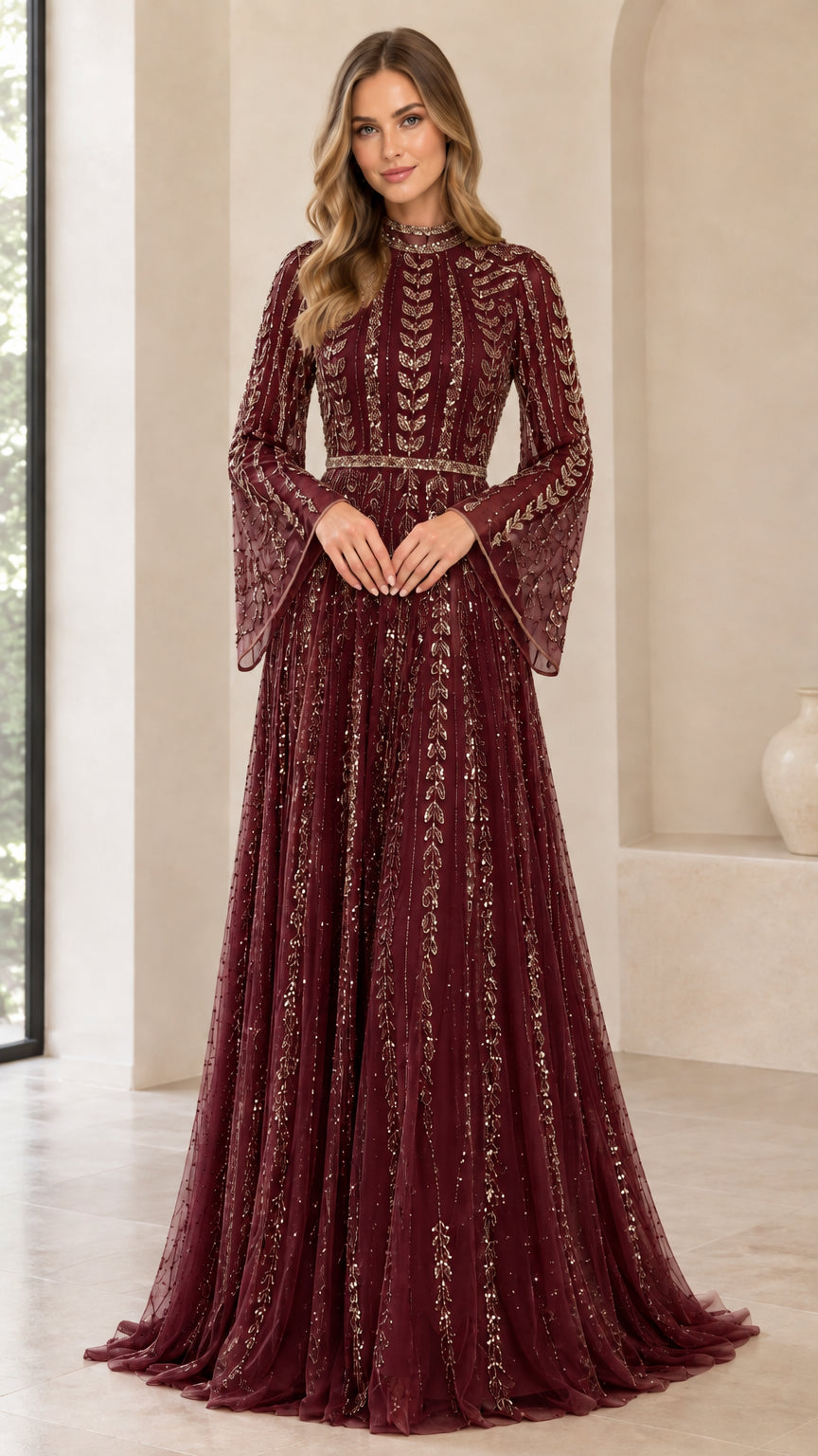 Front view of burgundy wine sequined floor-length gown with bell sleeves