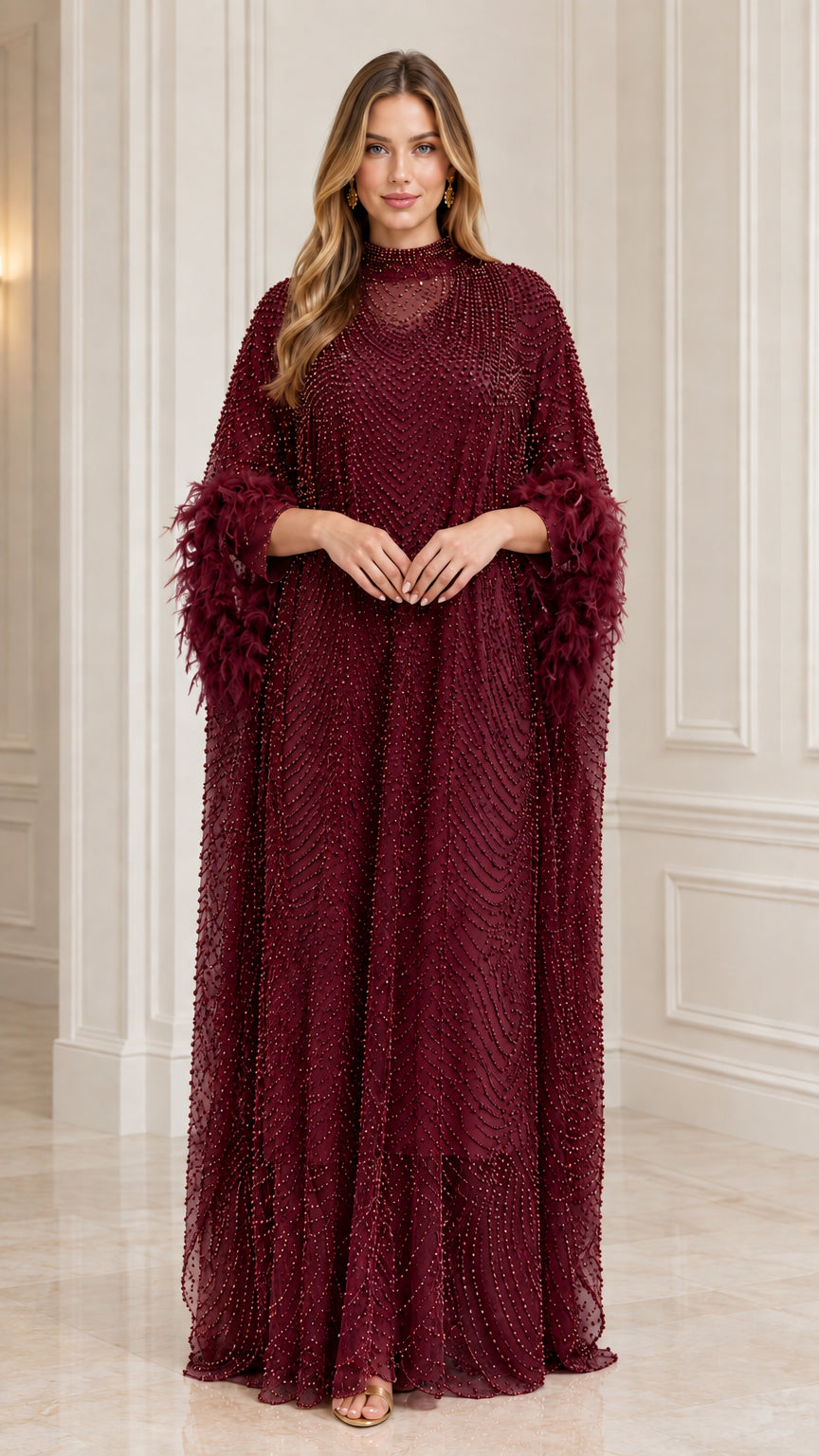 Model wearing Burgundy red sequin beaded kaftan maxi dress with feather cuffs
