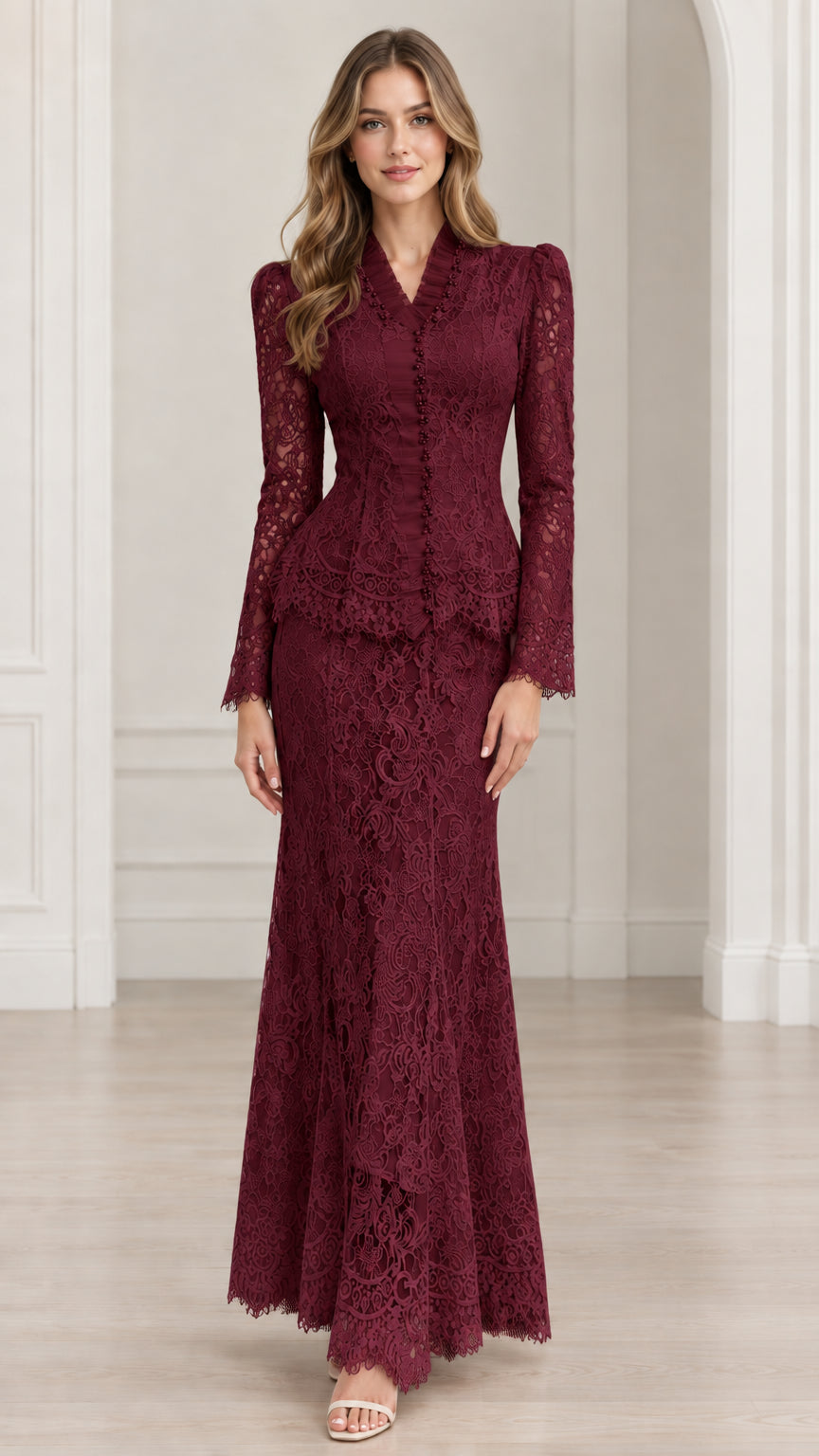 Front view of Burgundy wine lace formal evening two-piece set