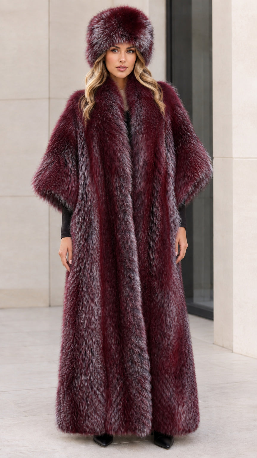 Model wearing deep burgundy wine floor-length faux fur coat with hat