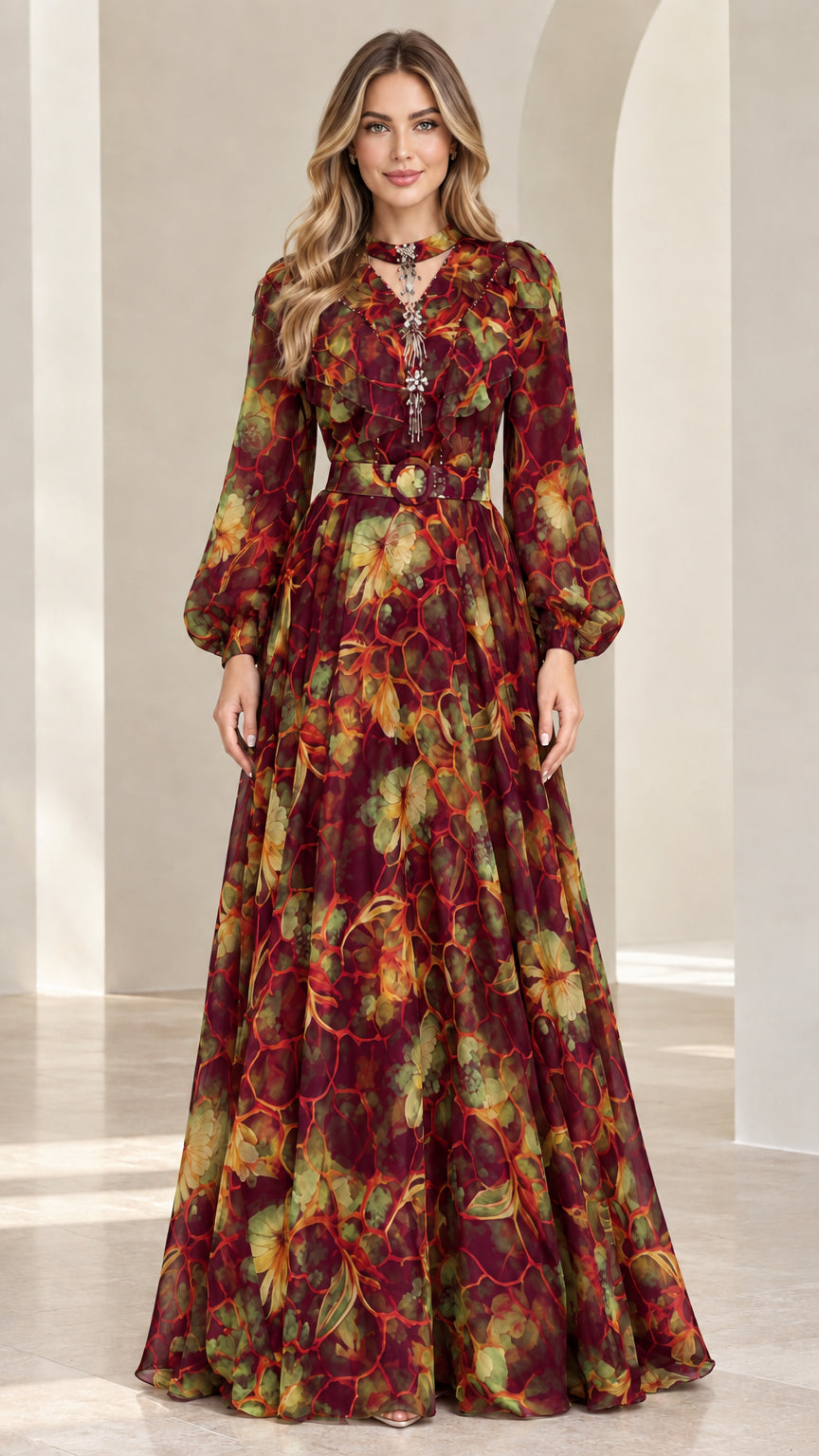 Front view of model wearing Burgundy wine floral chiffon long sleeve maxi dress