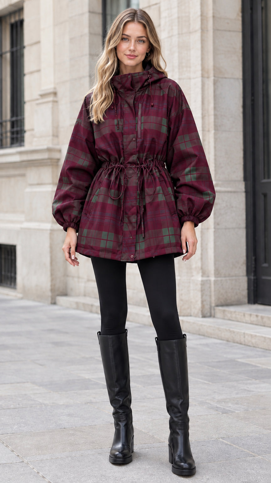 Woman wearing burgundy and dark green plaid hooded parka jacket with drawstring waist
