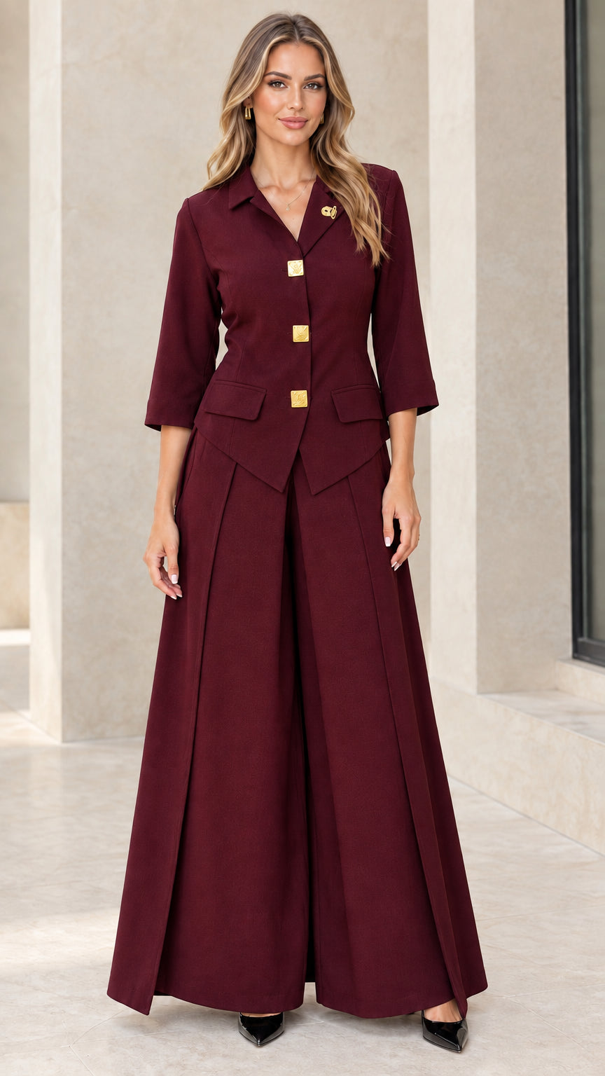 Women modeling burgundy wine 2-piece tailored blazer and wide-leg pants set