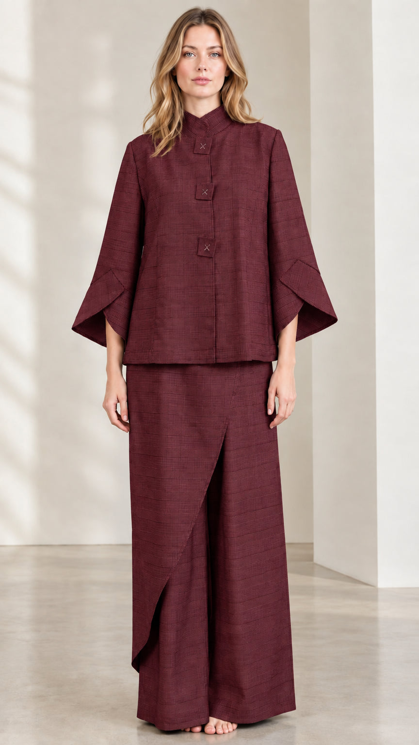 Burgundy Mandarin Collar Jacket and Asymmetric Wide-Leg Pants Set