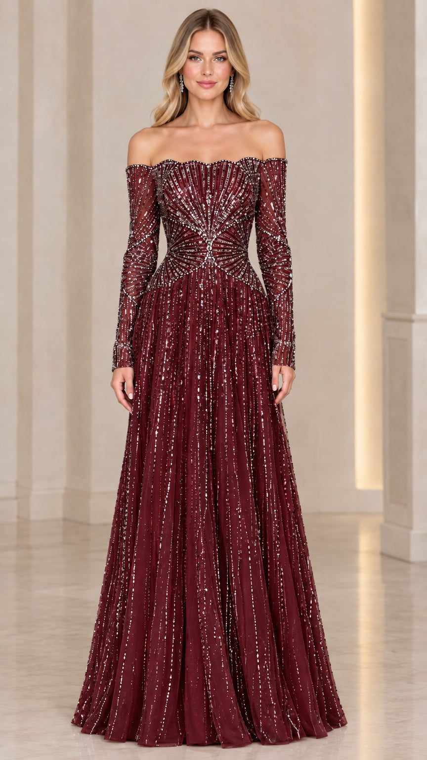 Full-length view of burgundy red off-the-shoulder long sleeve evening gown