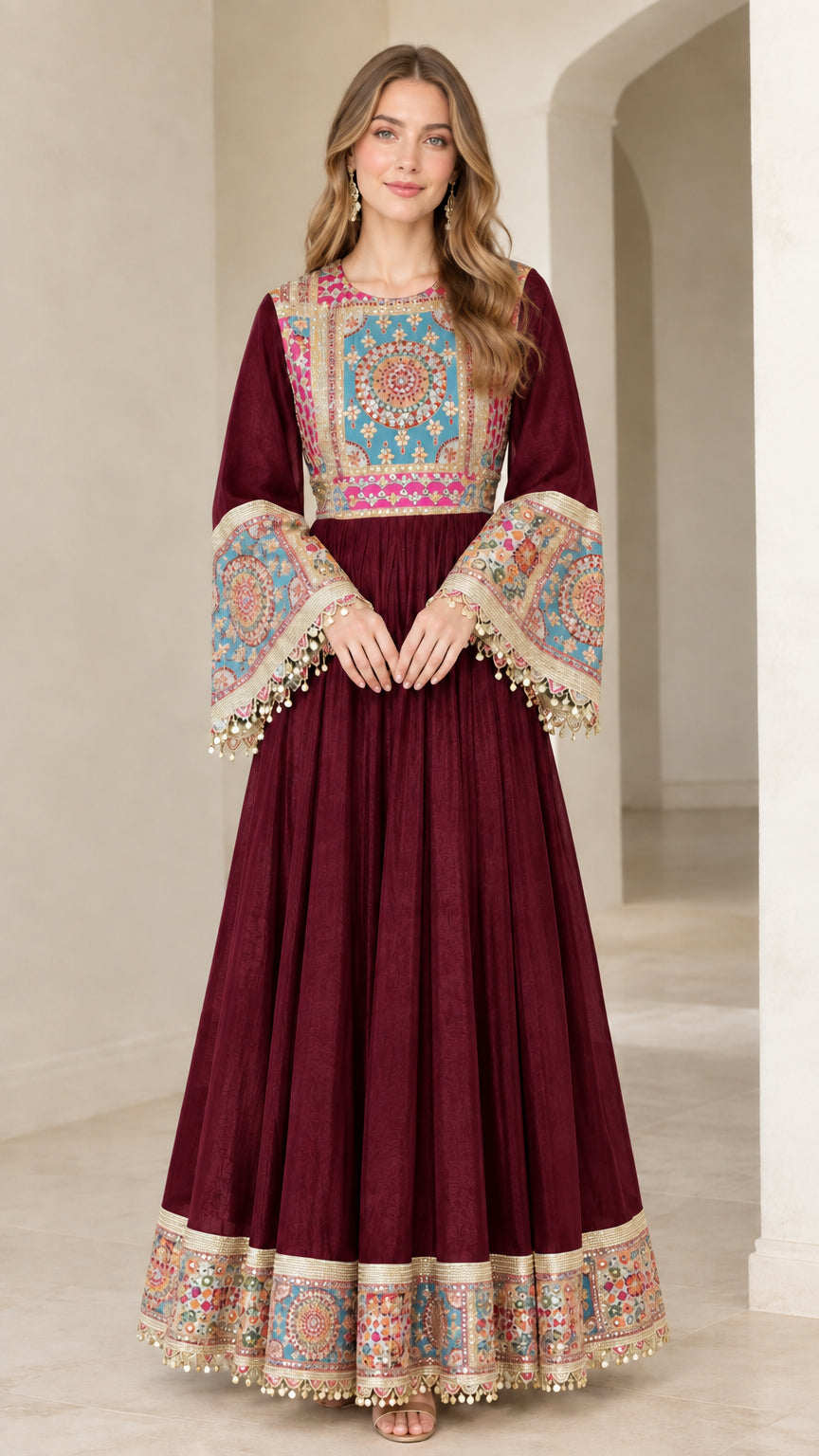 Burgundy long sleeve printed bodice A-line evening dress