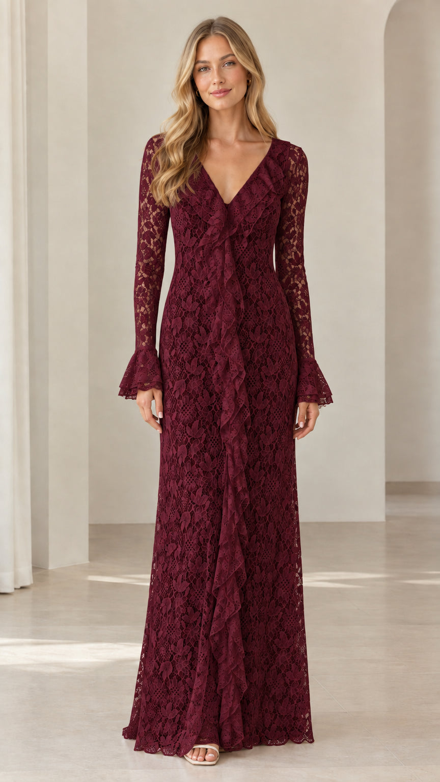 Full-length view of burgundy red lace long sleeve maxi gown