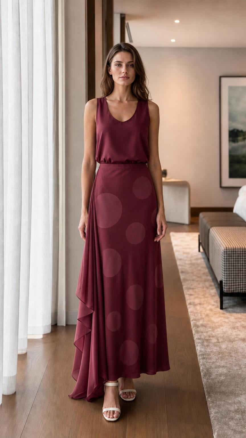 Model wearing burgundy satin set