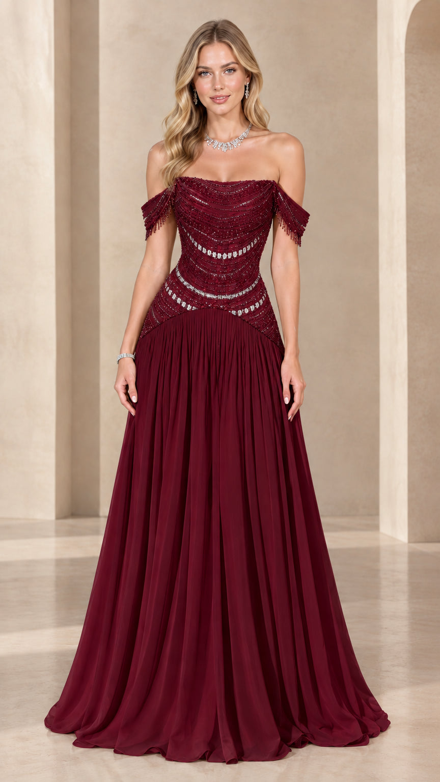 Full-length front view of burgundy wine beaded bodice formal evening gown
