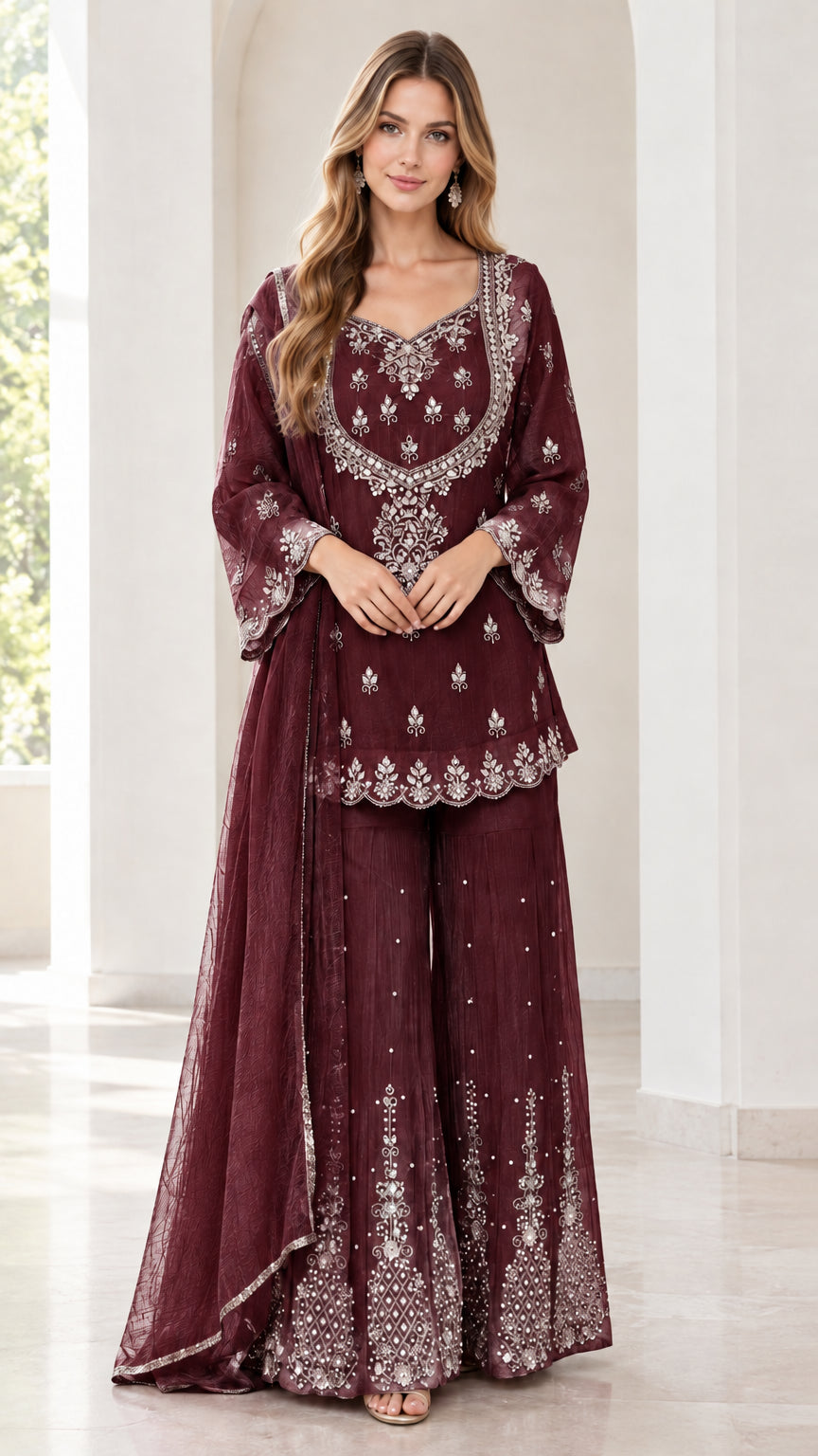 Full front view of women's embroidered burgundy maroon 3-piece sharara suit set