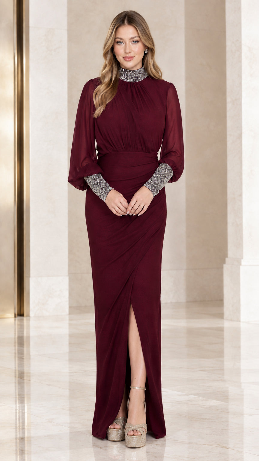 Burgundy wine red embellished high neck bishop sleeve formal gown