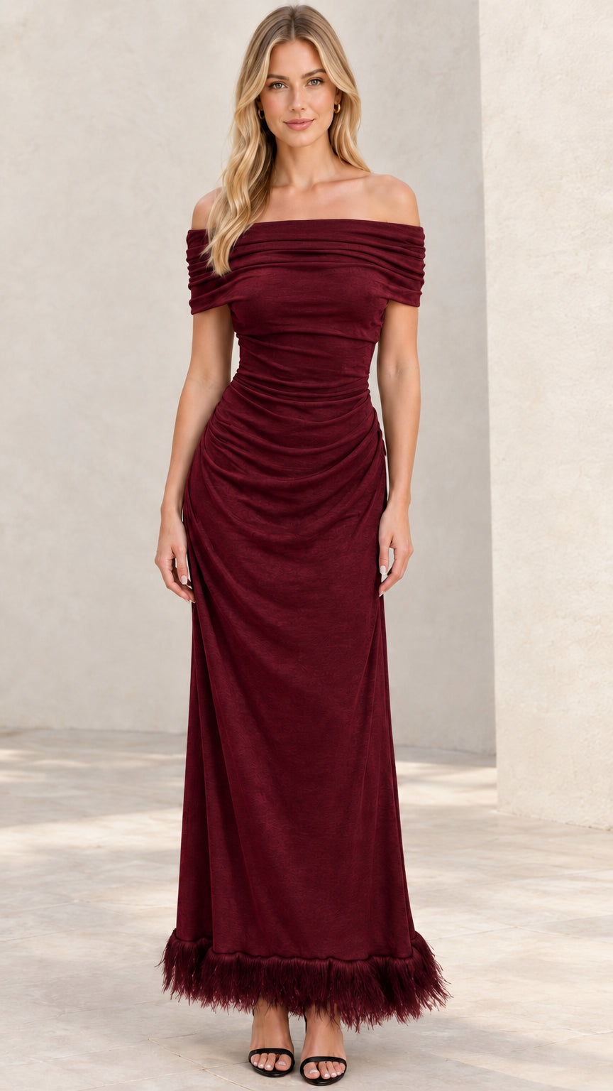Burgundy wine off-the-shoulder gathered maxi dress with feather hem