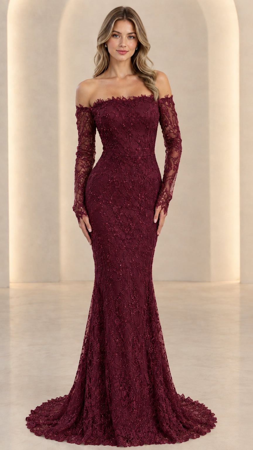 Front full view of burgundy wine off-the-shoulder lace formal gown