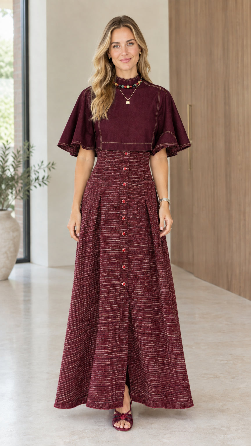 Model wearing burgundy monochromatic flutter sleeve tweed maxi dress