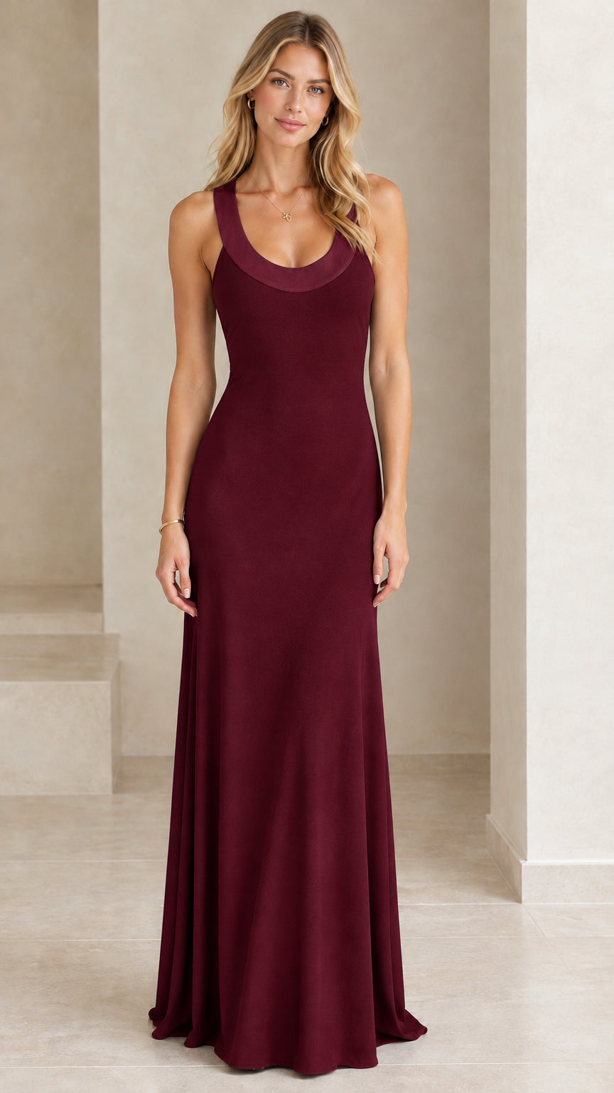 Front view of model wearing burgundy sleeveless evening maxi gown