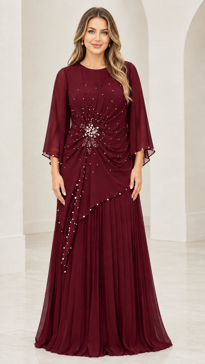 Front view of burgundy red beaded pleated chiffon formal gown