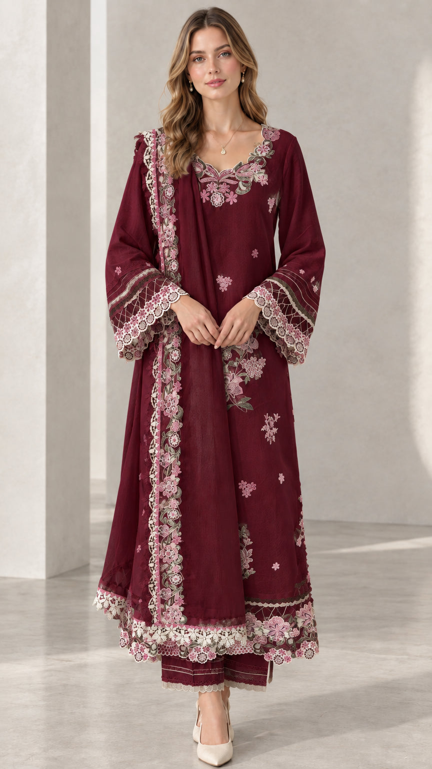 Full front view of model wearing Burgundy wine floral embroidered 3-piece kurta set