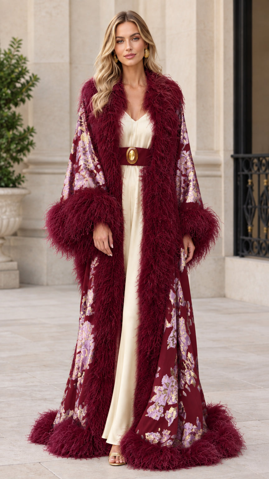 Burgundy wine floral jacquard evening robe with rich burgundy feather trim