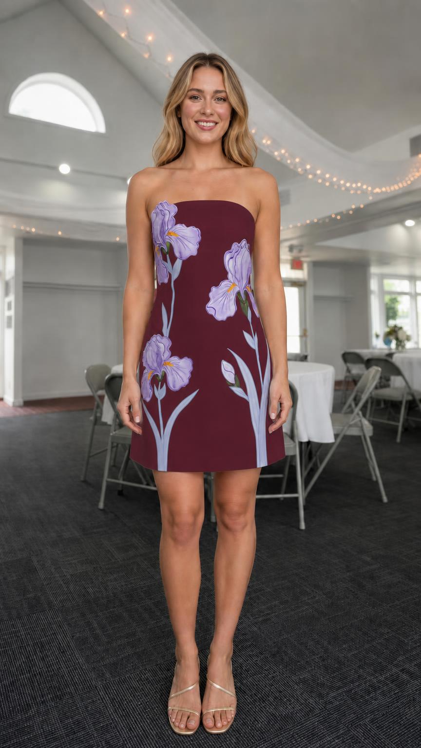 Front view of Burgundy floral strapless mini dress