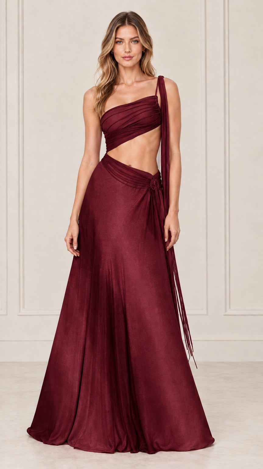 Front view of model wearing burgundy wine one-shoulder cutout evening gown