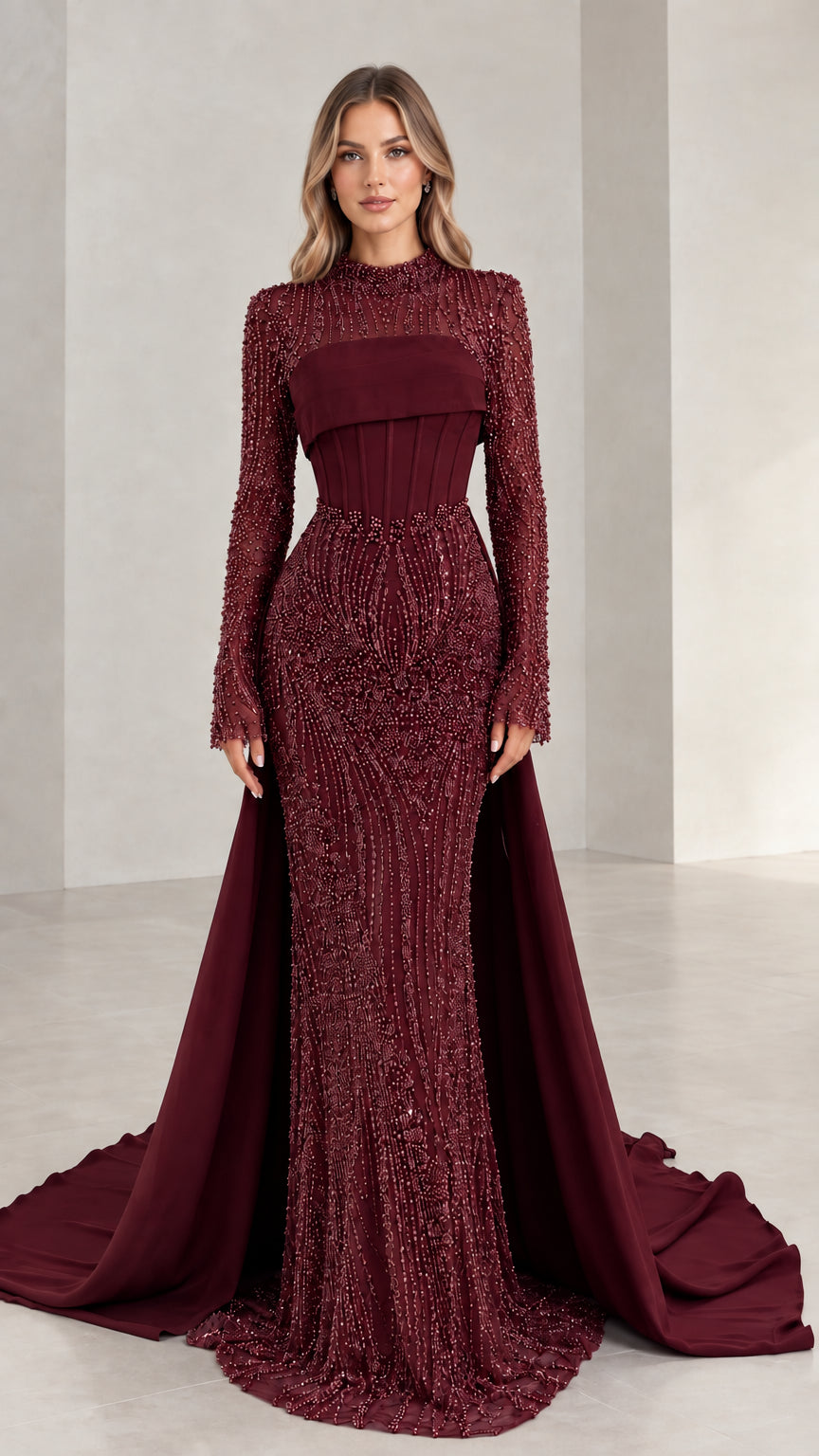 Full-length front view of burgundy wine beaded evening gown with sweep train and high neck
