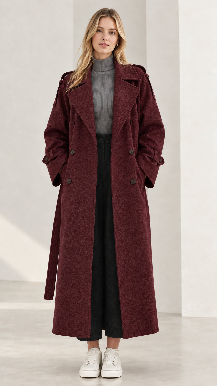 Front view of longline burgundy red textured trench coat