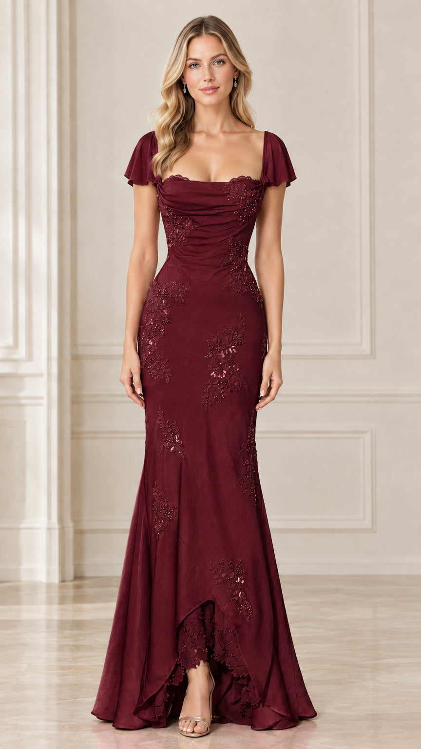 Burgundy wine formal mermaid maxi dress with flutter sleeves