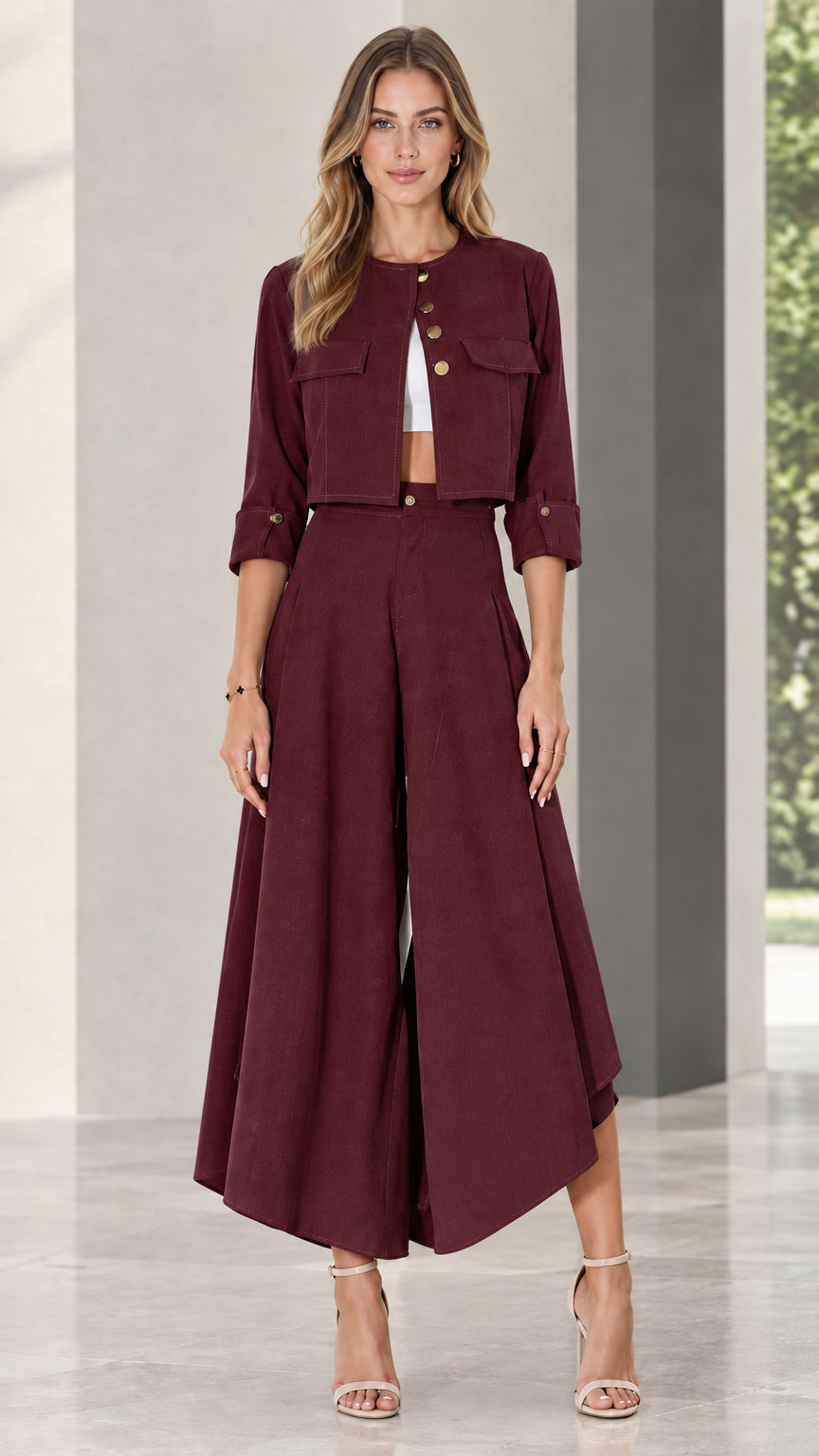 Model wearing burgundy red cropped jacket and flowing pant set