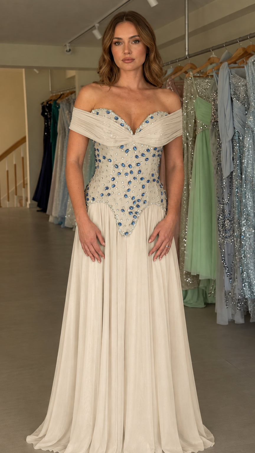 Champagne off-the-shoulder formal gown with blue crystal beading