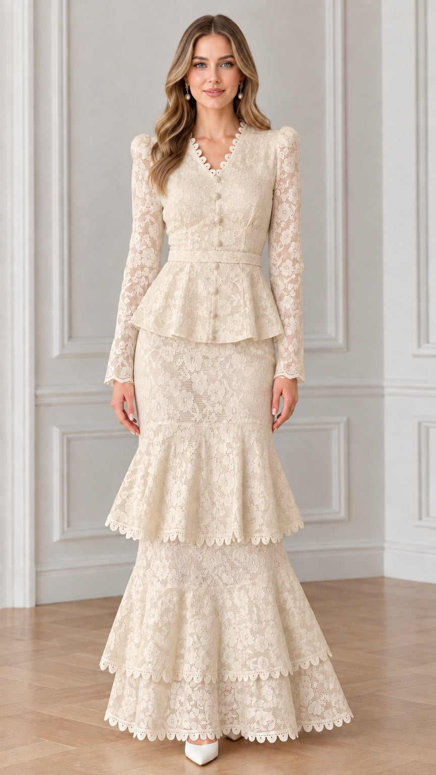 Front view of woman wearing champagne beige long sleeve lace mermaid dress