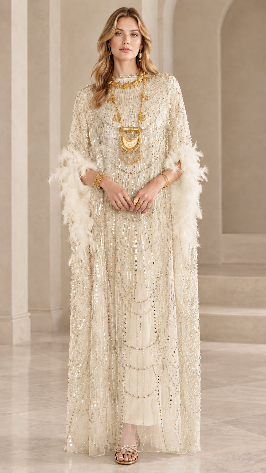 Model wearing champagne gold sequin kaftan maxi dress with feather trim