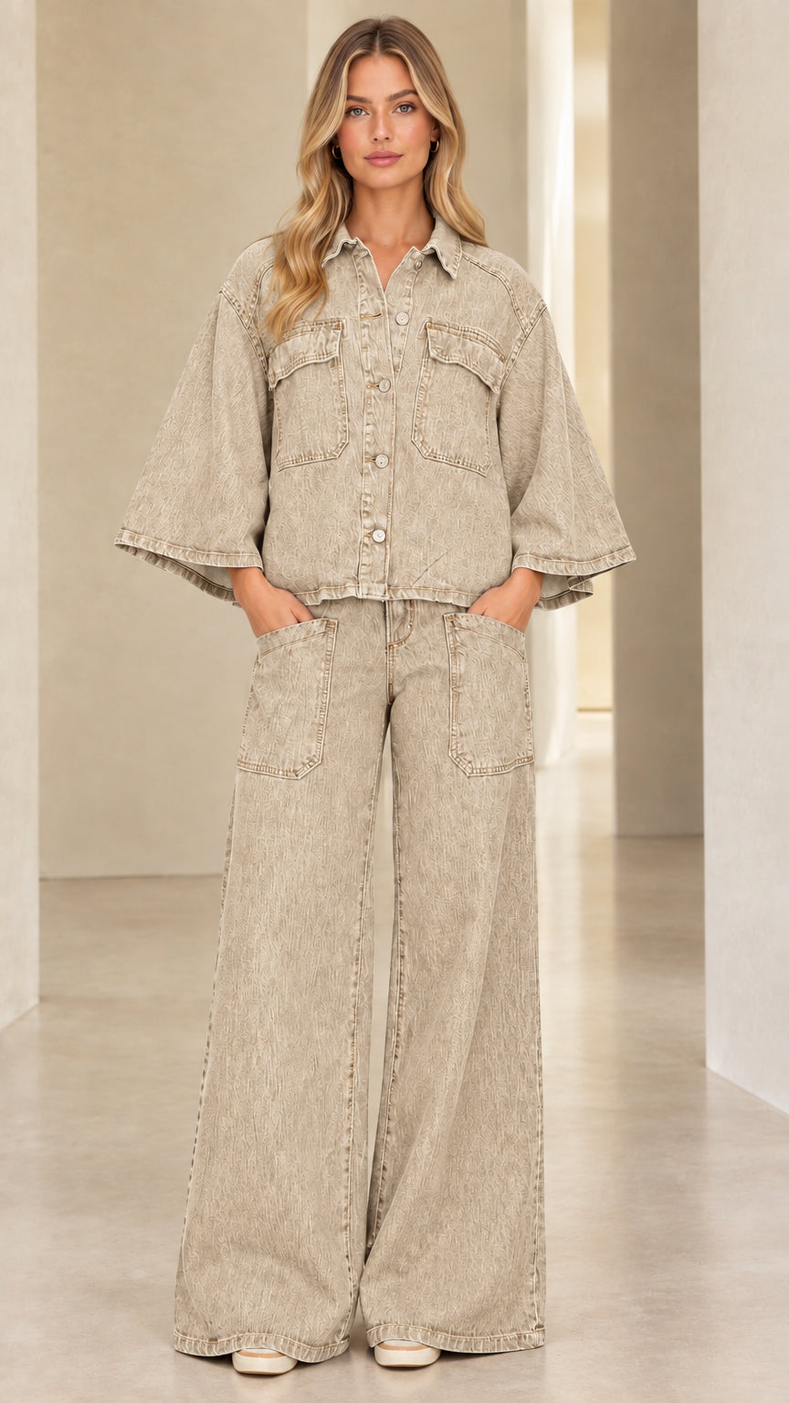 Full-length view of model wearing Beige denim matching two-piece set