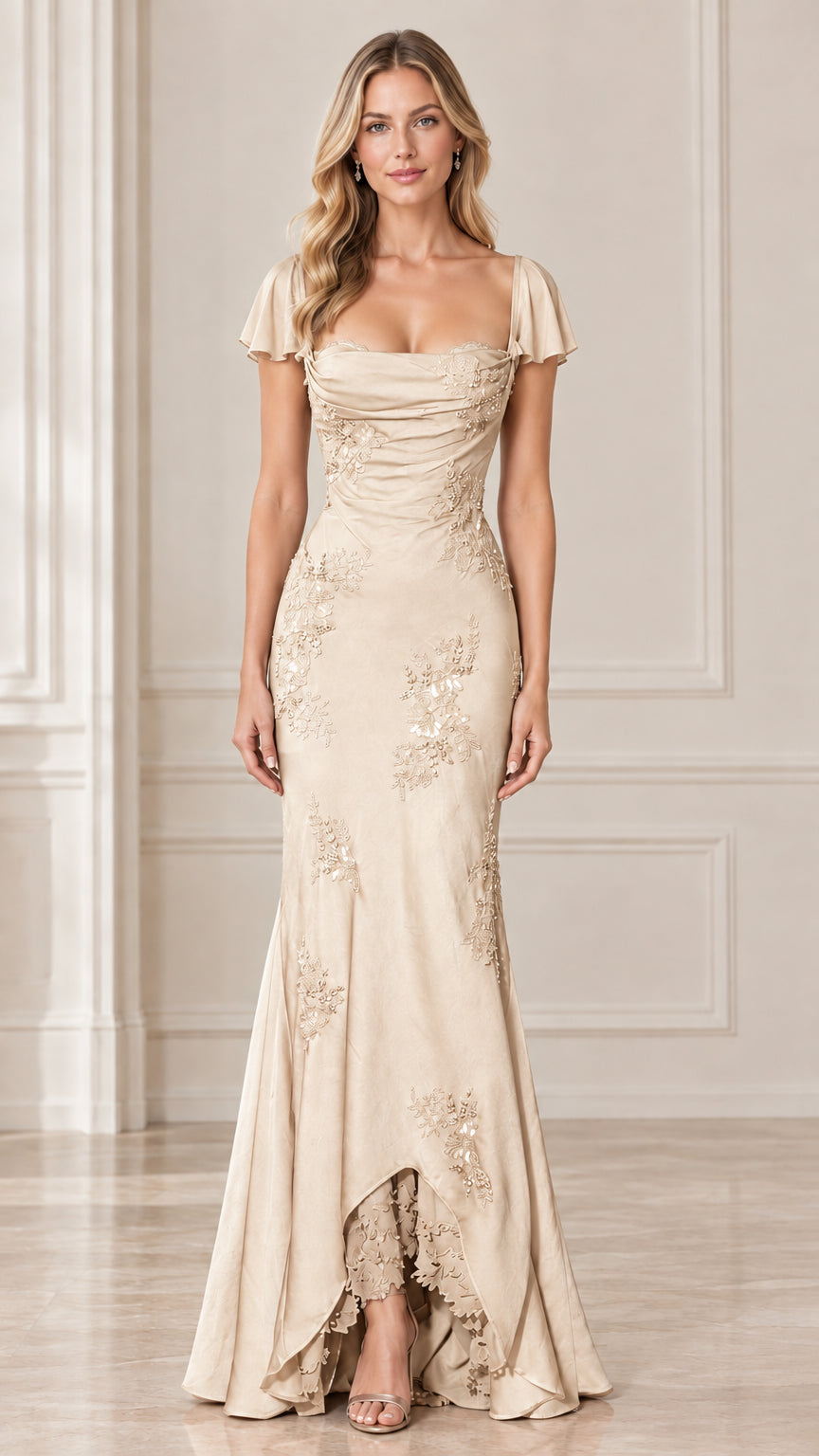 Champagne beige ruched lace evening gown