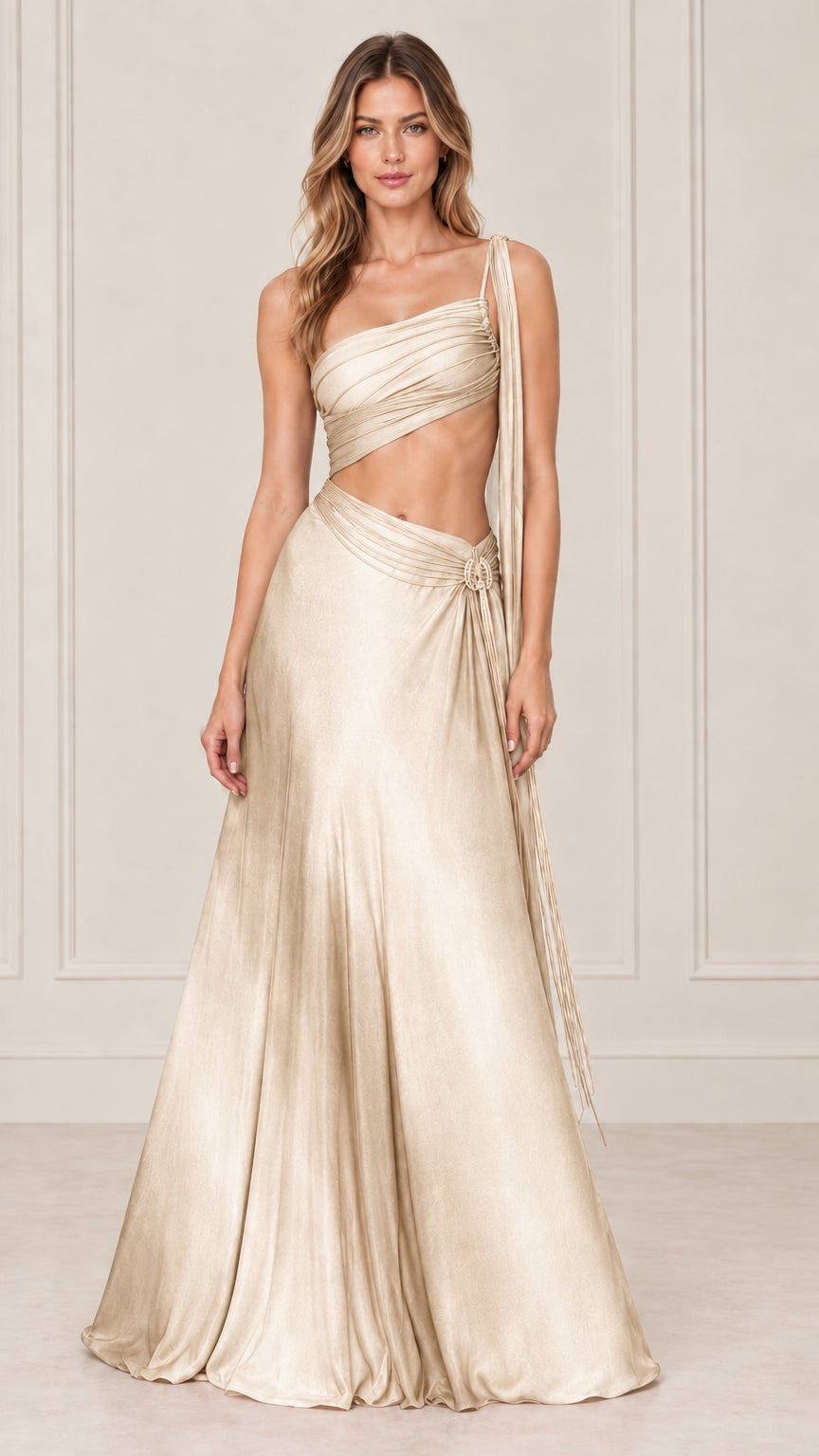 Front view of model wearing champagne gold one-shoulder cutout formal evening dress