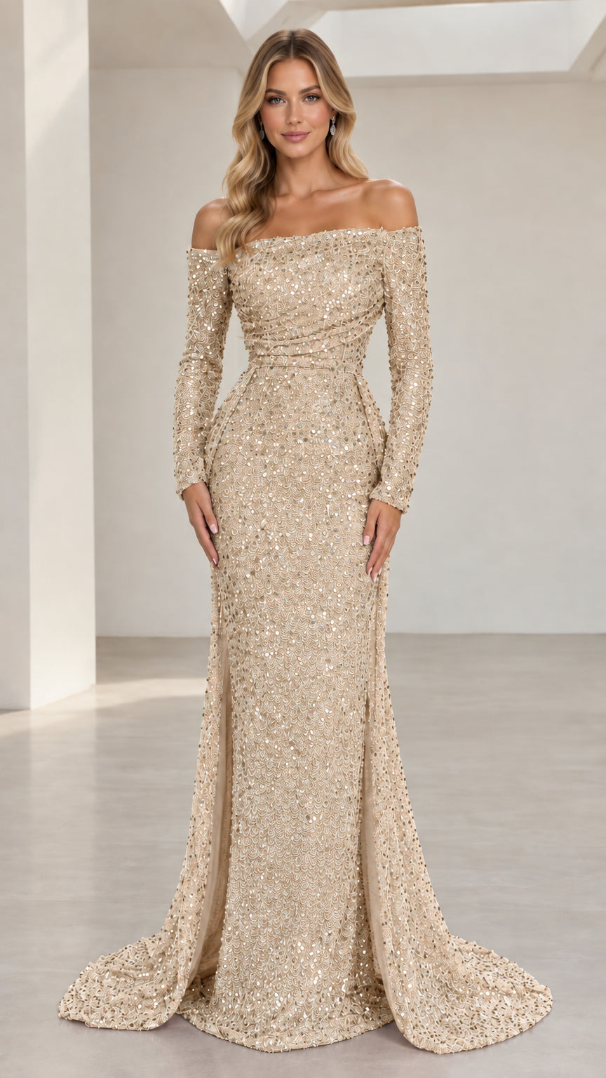 Front view of champagne gold off-the-shoulder long sleeve sequin mermaid evening gown