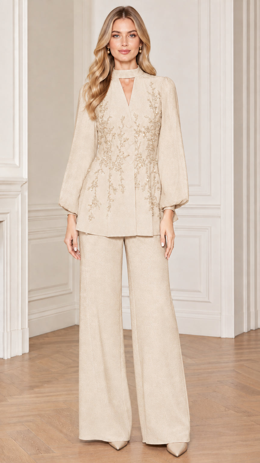 Champagne beige embroidered formal pant suit front view