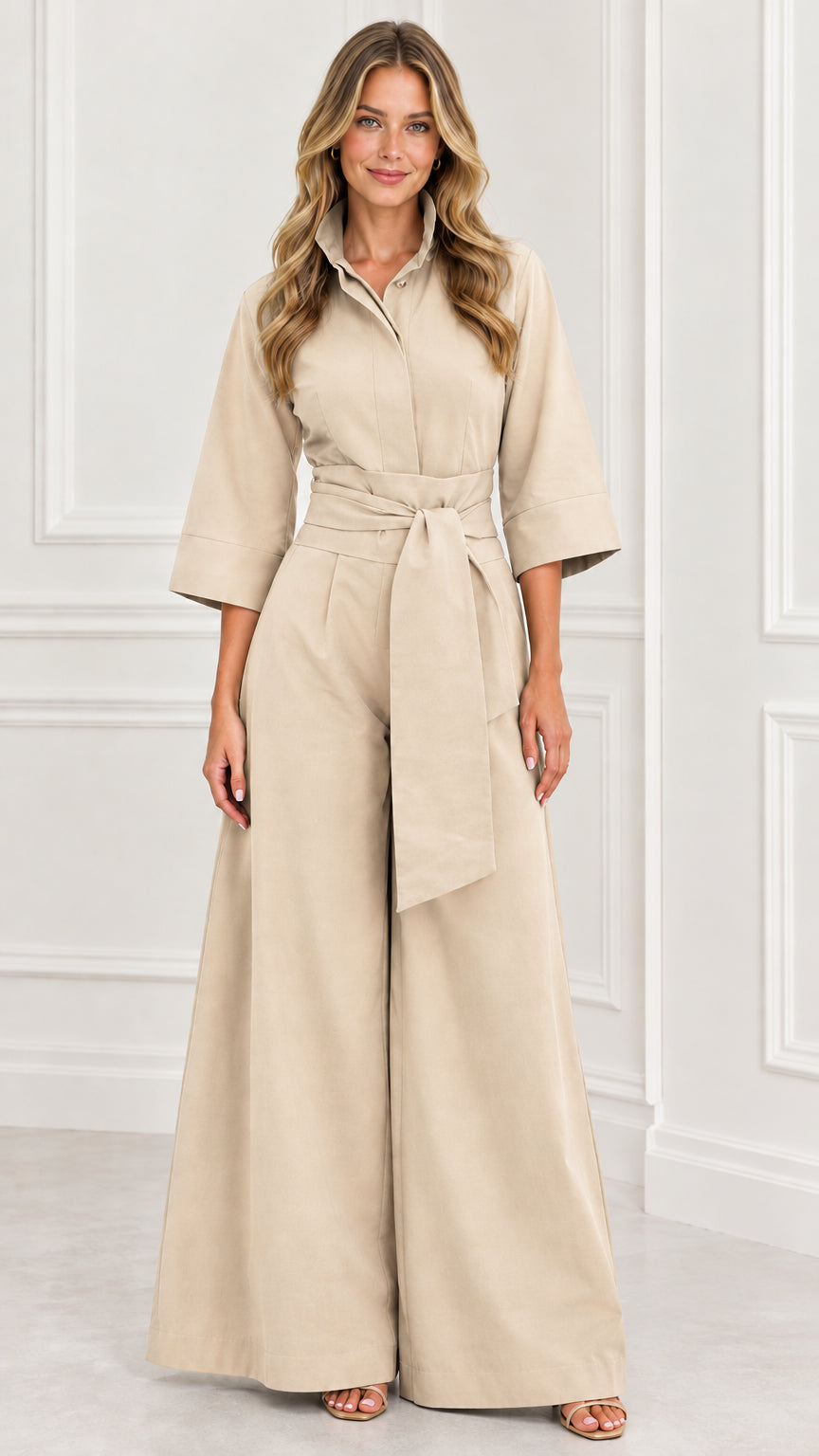 Front view of woman wearing a beige collared wide-leg jumpsuit with belt