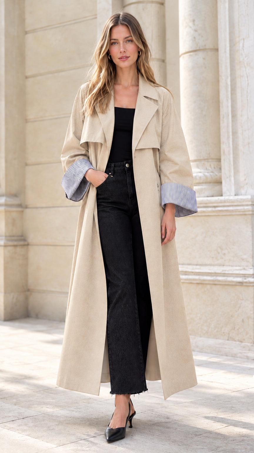 Model wearing light beige duster trench coat with striped cuff details