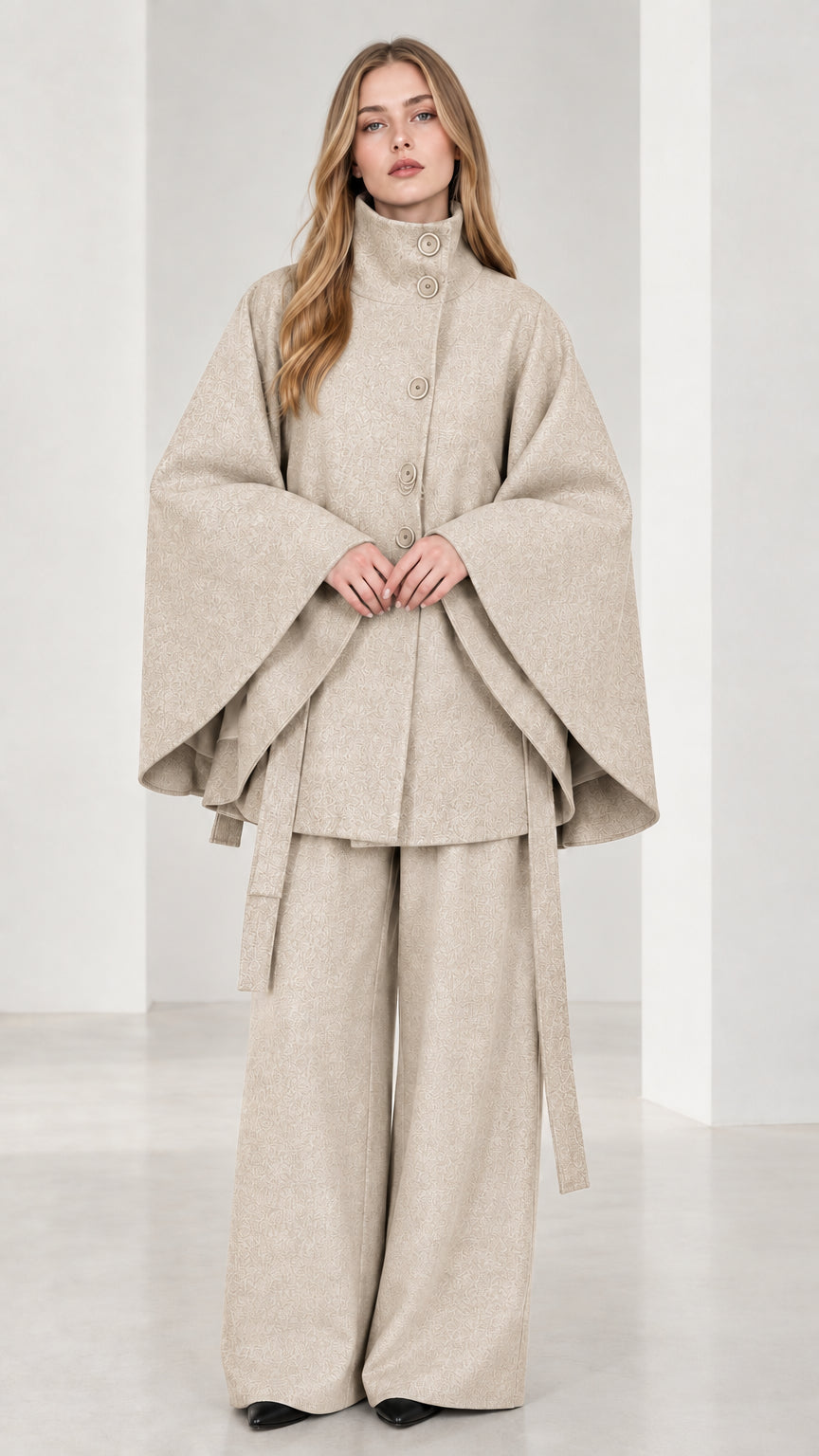 Front view of beige cream high neck belted cape coat and wide-leg trousers set