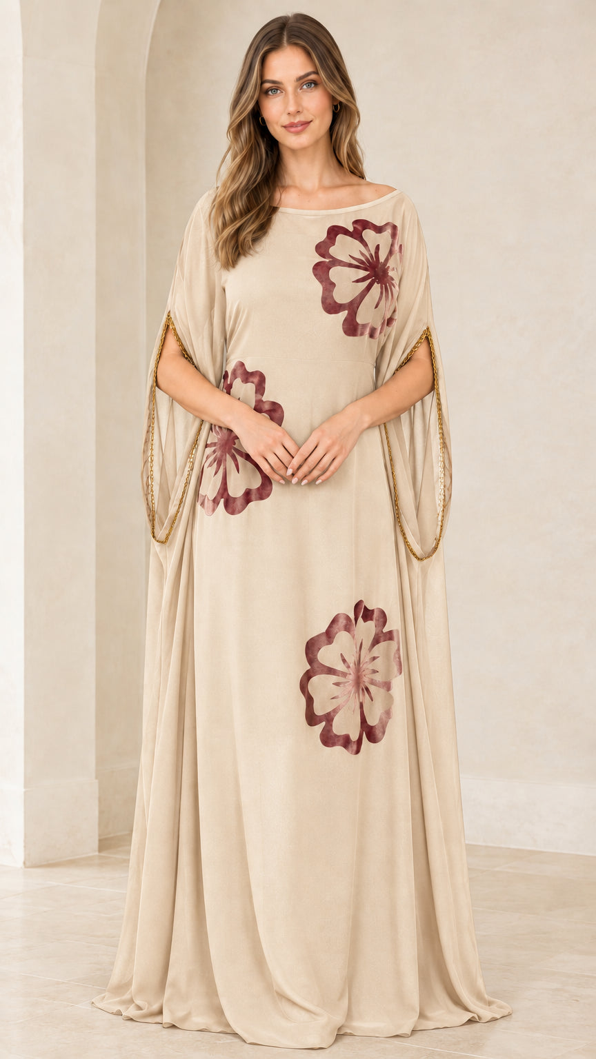 Front view of model wearing Champagne Beige floral applique kaftan maxi gown