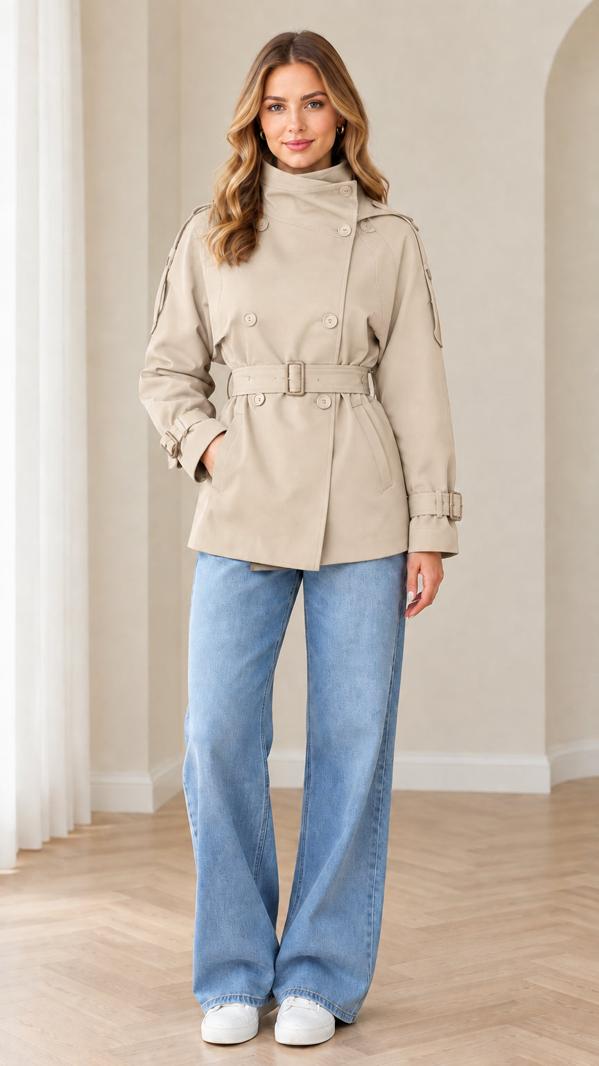 Model wearing beige double-breasted belted short trench coat