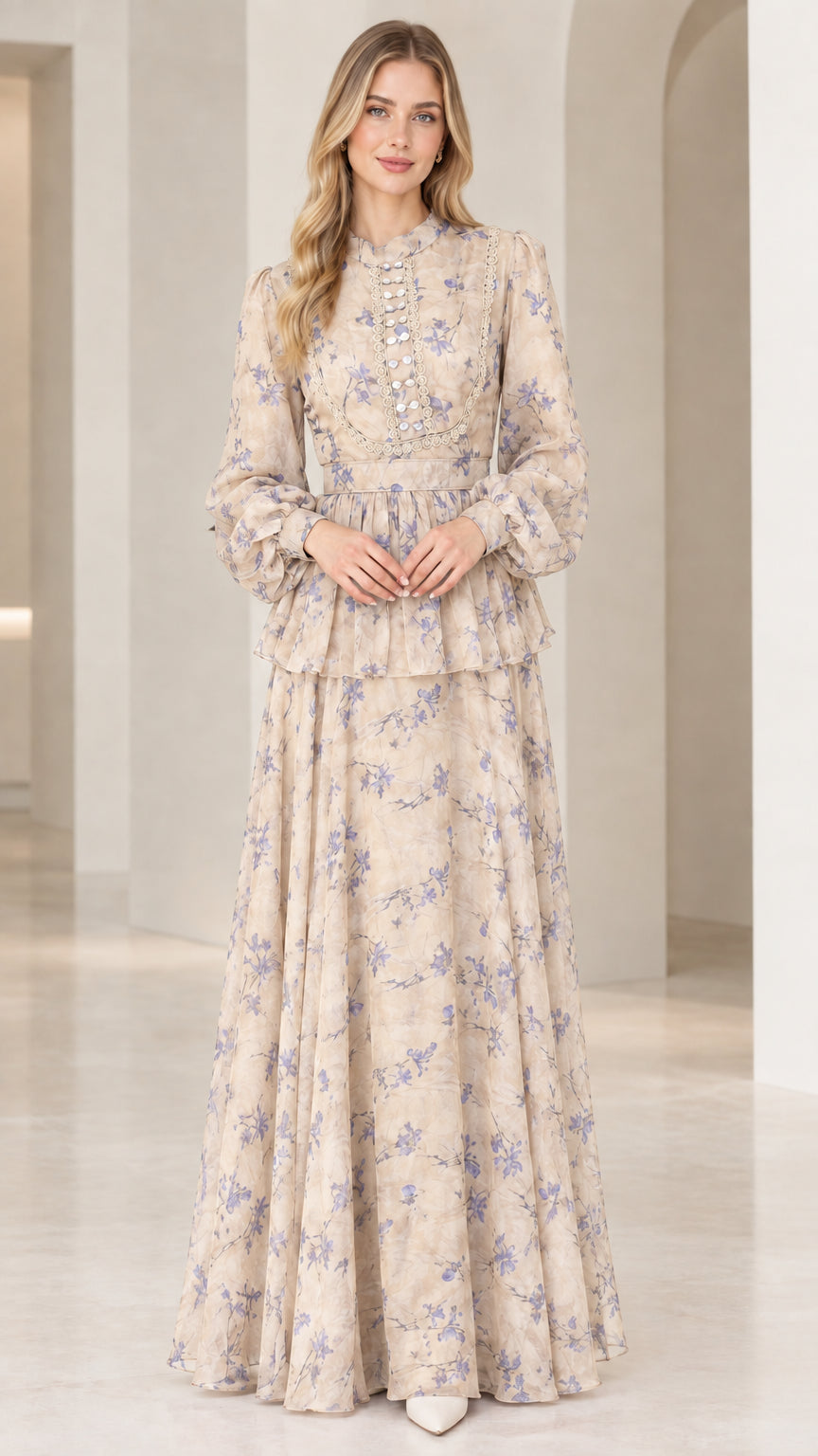 Champagne beige floral long sleeve peplum formal dress