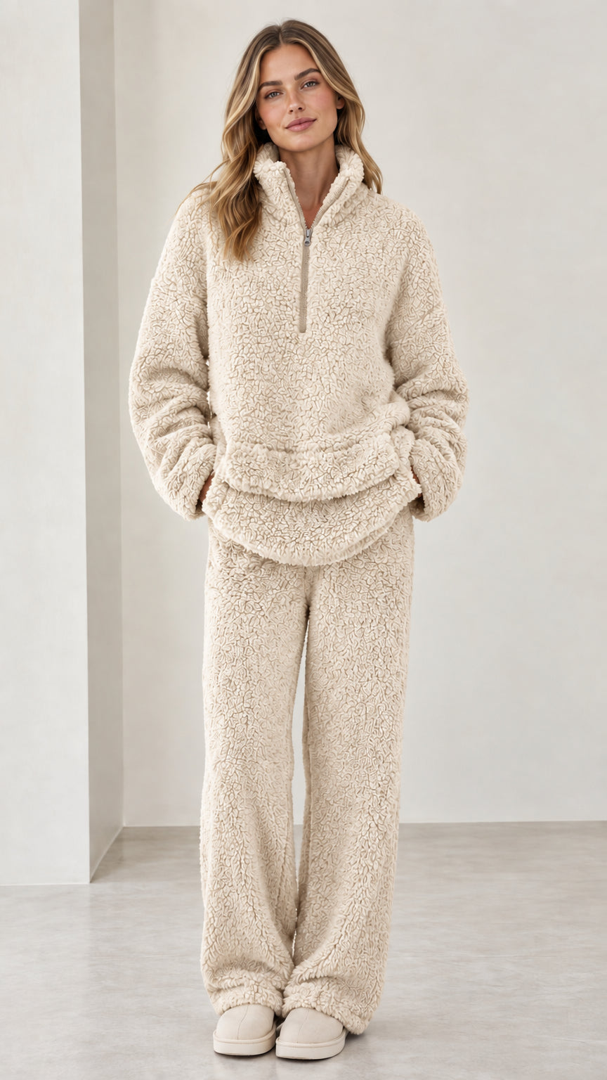 Model wearing cream off-white plush sherpa fleece two-piece loungewear set