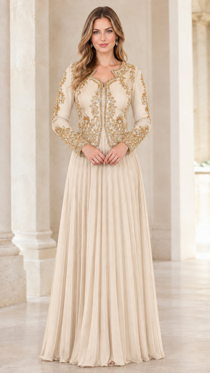 Champagne beige mother of the bride pleated maxi dress with gold embroidery