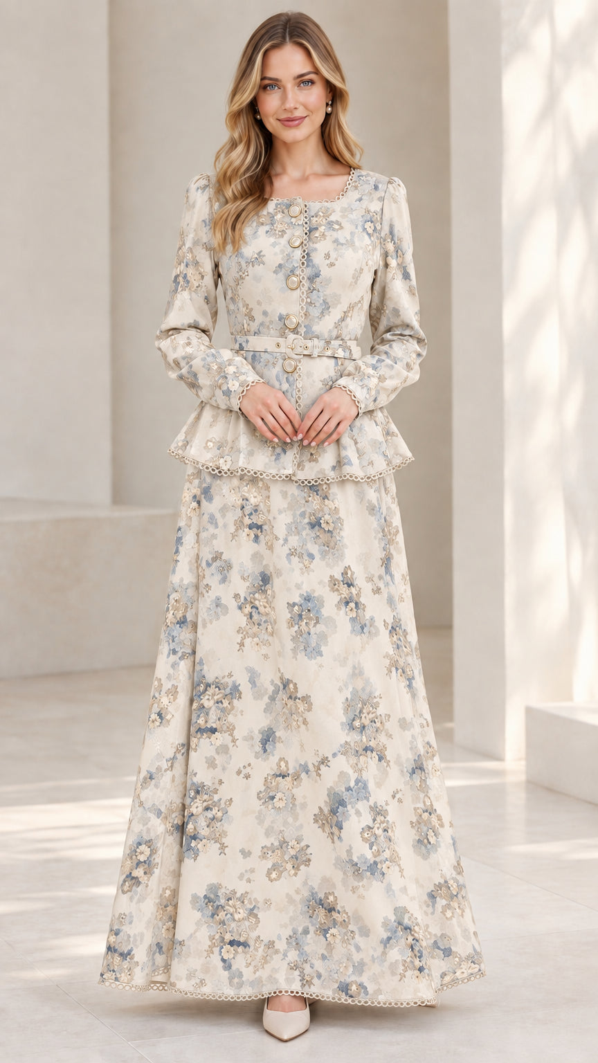 Model wearing Cream floral belted peplum maxi dress