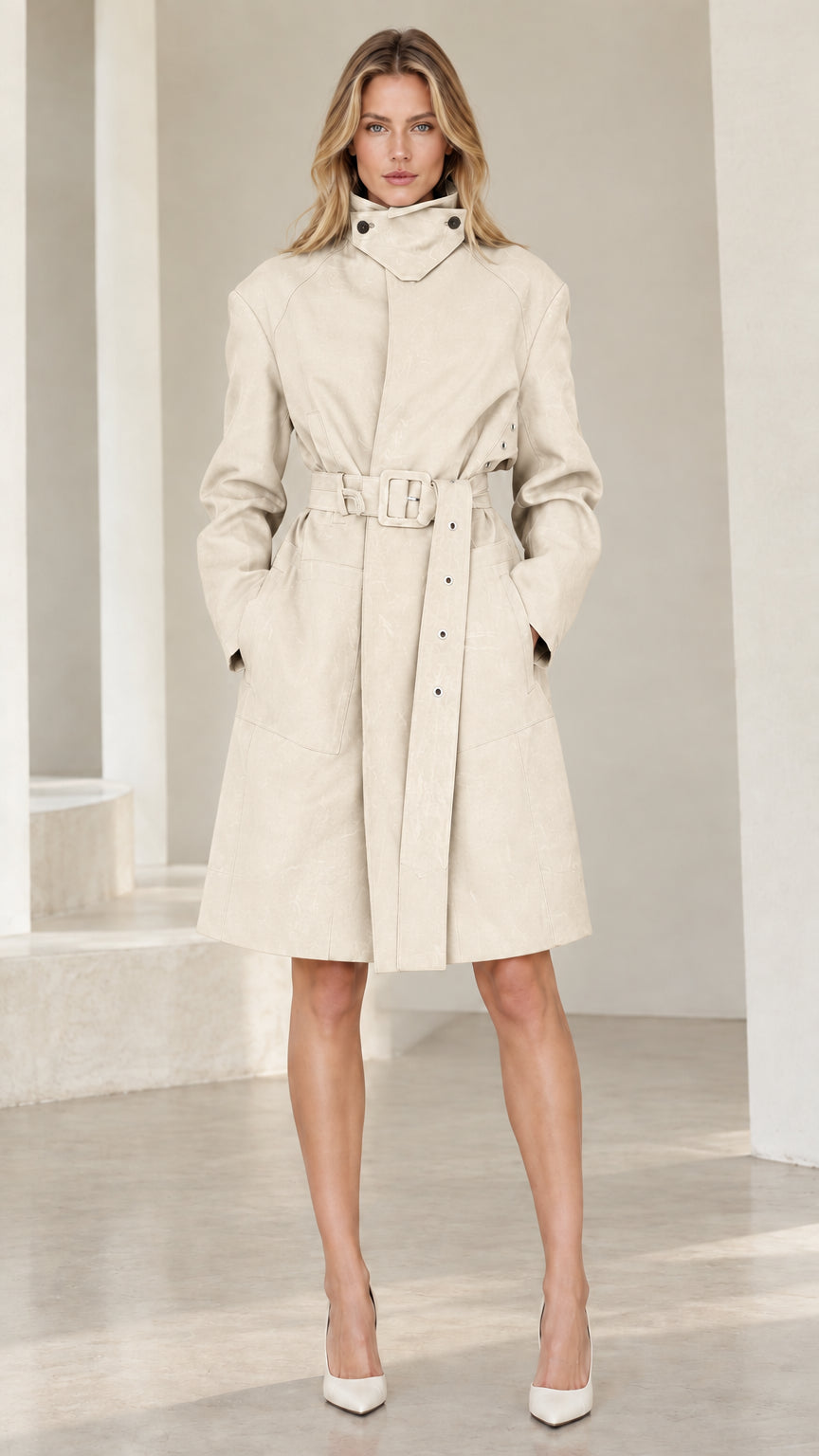 Front view of woman wearing Beige stand collar belted trench coat