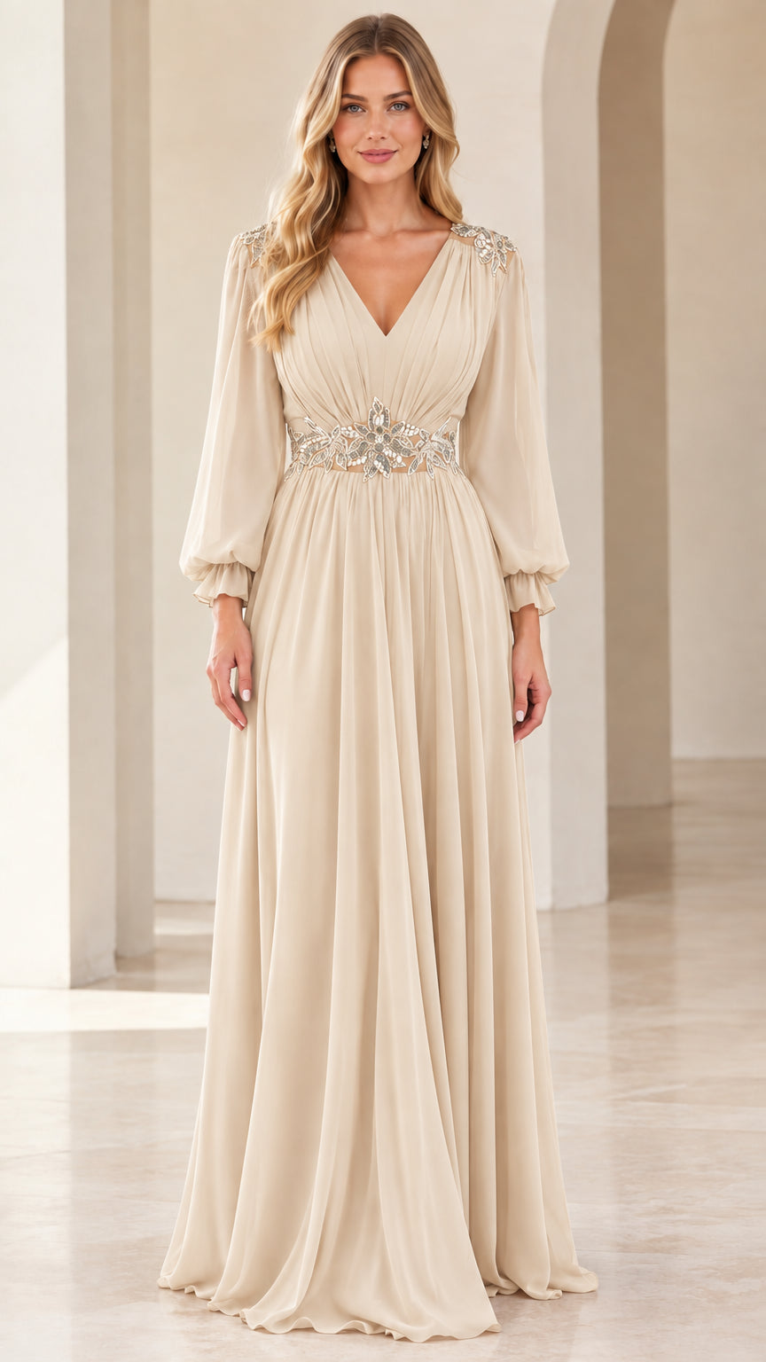 Front view of woman wearing champagne beige flowing chiffon formal gown with embellished waist