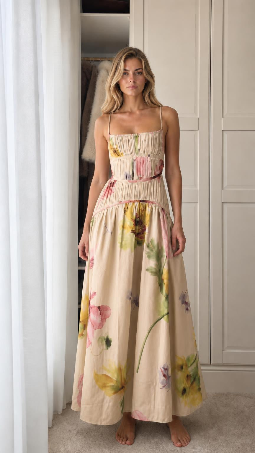 Model wearing beige floral print smocked maxi dress