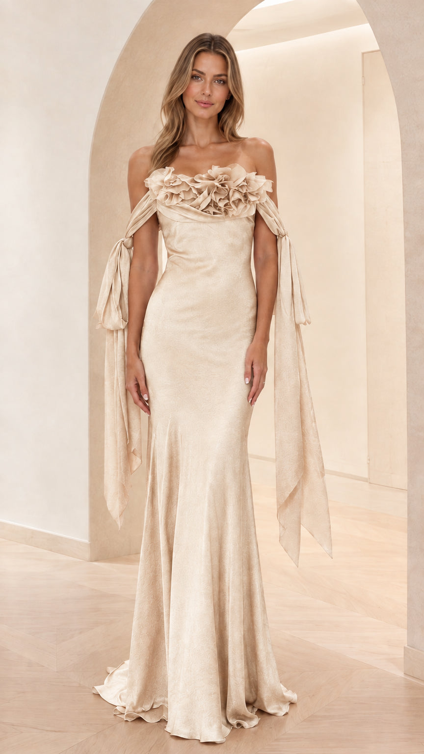 Champagne gold off-shoulder mermaid evening dress
